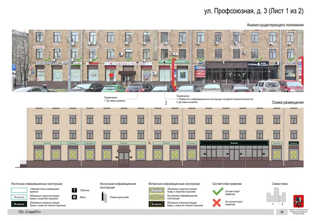 Архитектурная концепция размещения вывесок — Профсоюзная улица, 3, Москва, лист 1 из 2 · Документ по адресу · Архитектурно-художественная концепция · 2020 год
