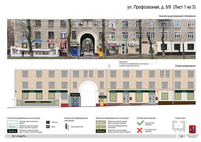 Архитектурная концепция размещения вывесок — Профсоюзная улица, 5/9, Москва, лист 1 из 3 · Документ по адресу · Архитектурно-художественная концепция · 2020 год