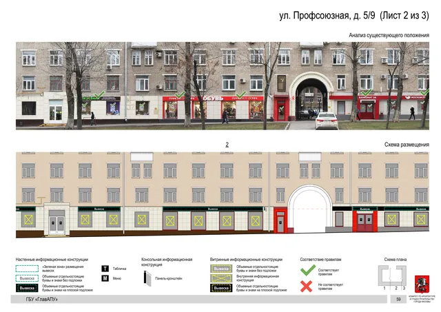 Архитектурная концепция размещения вывесок — Профсоюзная улица, 5/9, Москва, лист 2 из 3 · Документ по адресу · Архитектурно-художественная концепция · 2020 год