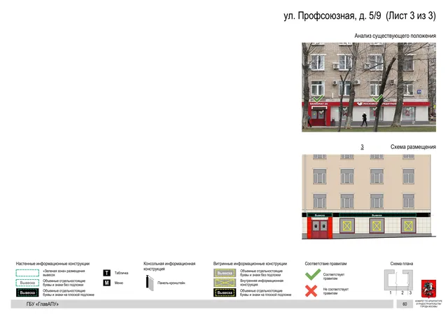 Архитектурная концепция размещения вывесок — Профсоюзная улица, 5/9, Москва, лист 3 из 3 · Документ по адресу · Архитектурно-художественная концепция · 2020 год