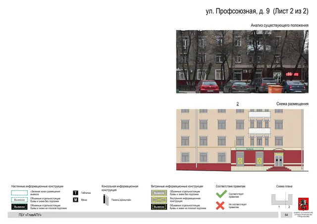 Архитектурная концепция размещения вывесок — Профсоюзная улица, 9, Москва, лист 2 из 2 · Документ по адресу · Архитектурно-художественная концепция · 2020 год