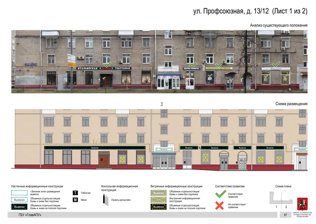 Архитектурная концепция размещения вывесок — Профсоюзная улица, 13/12, Москва, лист 1 из 2 · Документ по адресу · Архитектурно-художественная концепция · 2020 год