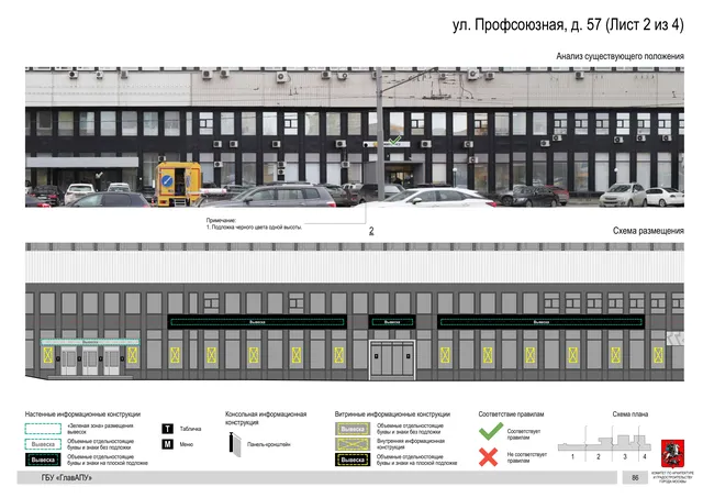 Архитектурная концепция размещения вывесок — Профсоюзная улица, 57, Москва, лист 2 из 4 · Документ по адресу · Архитектурно-художественная концепция · 2020 год