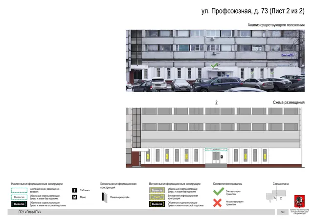 Архитектурная концепция размещения вывесок — Профсоюзная улица, 73, Москва, лист 2 из 2 · Документ по адресу · Архитектурно-художественная концепция · 2020 год