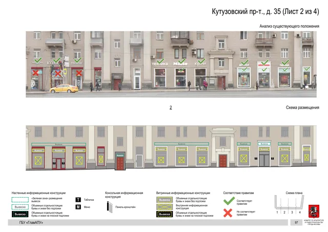 Архитектурная концепция размещения вывесок — Кутузовский проспект, 35, Москва, лист 2 из 4 · Документ по адресу · Архитектурно-художественная концепция · 2019 год