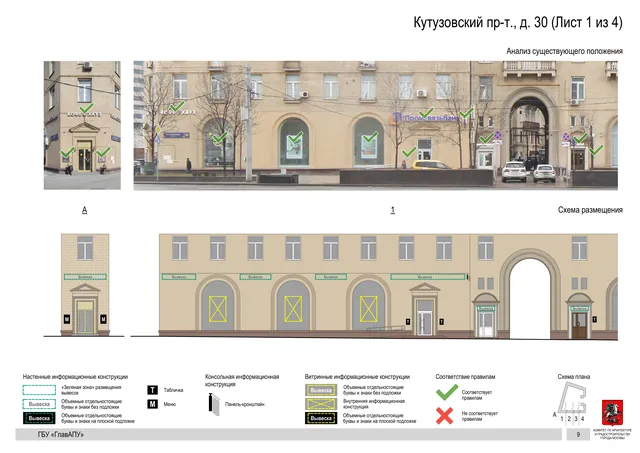 Архитектурная концепция размещения вывесок — Кутузовский проспект, 30, Москва, лист 1 из 4 · Документ по адресу · Архитектурно-художественная концепция · 2019 год