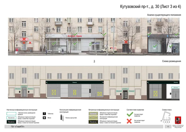 Архитектурная концепция размещения вывесок — Кутузовский проспект, 30, Москва, лист 3 из 4 · Документ по адресу · Архитектурно-художественная концепция · 2019 год
