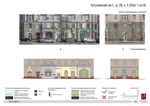 Архитектурная концепция размещения вывесок — Кутузовский проспект, 26, корп. 1, Москва, лист 1 из 6 · Документ по адресу · Архитектурно-художественная концепция · 2019 год