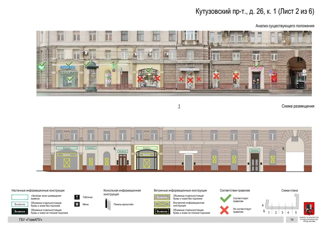 Архитектурная концепция размещения вывесок — Кутузовский проспект, 26, корп. 1, Москва, лист 2 из 6 · Документ по адресу · Архитектурно-художественная концепция · 2019 год