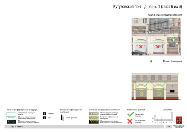 Архитектурная концепция размещения вывесок — Кутузовский проспект, 26, корп. 1, Москва, лист 6 из 6 · Документ по адресу · Архитектурно-художественная концепция · 2019 год