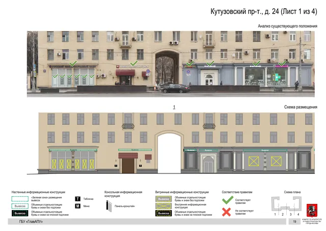 Архитектурная концепция размещения вывесок — Кутузовский проспект, 24, Москва, лист 1 из 4 · Документ по адресу · Архитектурно-художественная концепция · 2019 год