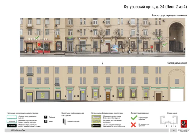 Архитектурная концепция размещения вывесок — Кутузовский проспект, 24, Москва, лист 2 из 4 · Документ по адресу · Архитектурно-художественная концепция · 2019 год