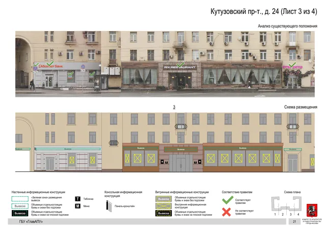Архитектурная концепция размещения вывесок — Кутузовский проспект, 24, Москва, лист 3 из 4 · Документ по адресу · Архитектурно-художественная концепция · 2019 год