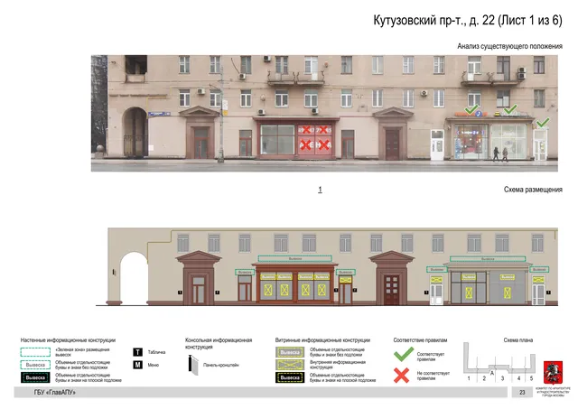 Архитектурная концепция размещения вывесок — Кутузовский проспект, 22, Москва, лист 1 из 6 · Документ по адресу · Архитектурно-художественная концепция · 2019 год
