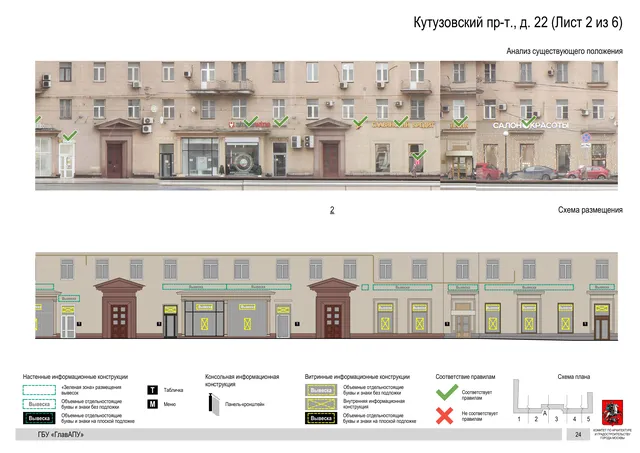Архитектурная концепция размещения вывесок — Кутузовский проспект, 22, Москва, лист 2 из 6 · Документ по адресу · Архитектурно-художественная концепция · 2019 год