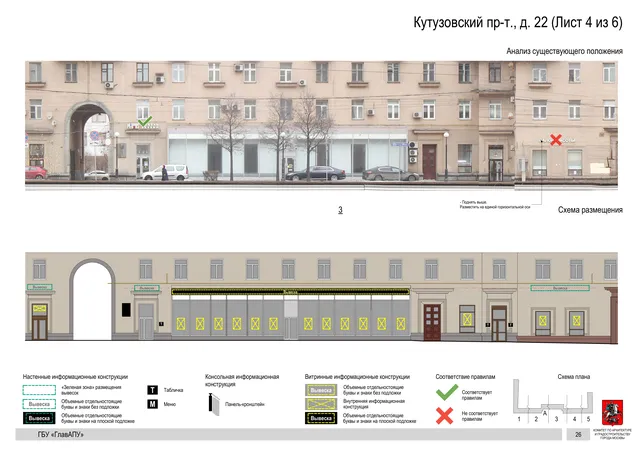 Архитектурная концепция размещения вывесок — Кутузовский проспект, 22, Москва, лист 4 из 6 · Документ по адресу · Архитектурно-художественная концепция · 2019 год