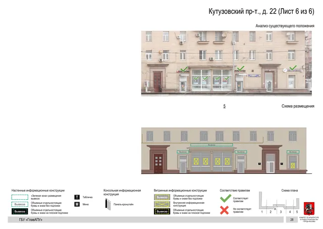 Архитектурная концепция размещения вывесок — Кутузовский проспект, 22, Москва, лист 6 из 6 · Документ по адресу · Архитектурно-художественная концепция · 2019 год