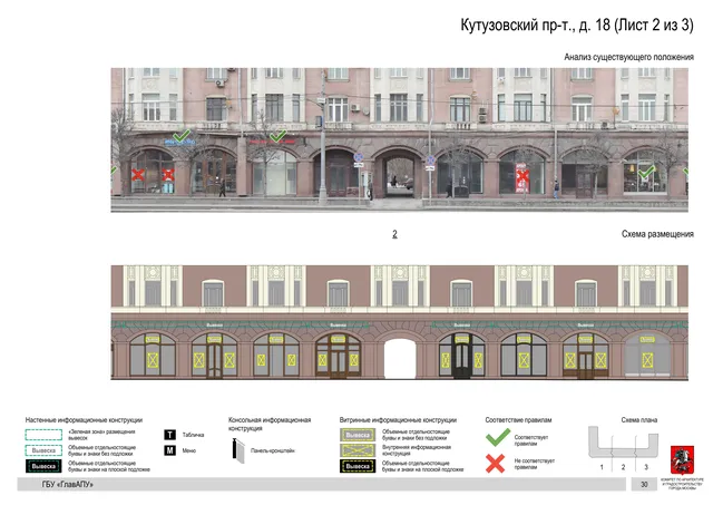 Архитектурная концепция размещения вывесок — Кутузовский проспект, 18, Москва, лист 2 из 3 · Документ по адресу · Архитектурно-художественная концепция · 2019 год