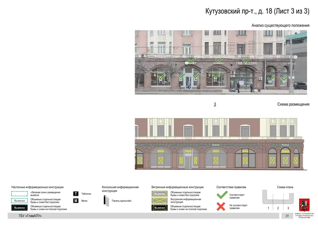 Архитектурная концепция размещения вывесок — Кутузовский проспект, 18, Москва, лист 3 из 3 · Документ по адресу · Архитектурно-художественная концепция · 2019 год