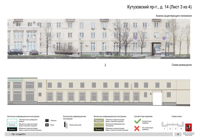 Архитектурная концепция размещения вывесок — Кутузовский проспект, 14, Москва, лист 3 из 4 · Документ по адресу · Архитектурно-художественная концепция · 2019 год