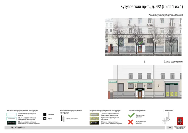 Архитектурная концепция размещения вывесок — Кутузовский проспект, 4/2, Москва, лист 1 из 4 · Документ по адресу · Архитектурно-художественная концепция · 2019 год