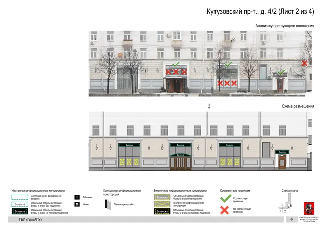 Архитектурная концепция размещения вывесок — Кутузовский проспект, 4/2, Москва, лист 2 из 4 · Документ по адресу · Архитектурно-художественная концепция · 2019 год