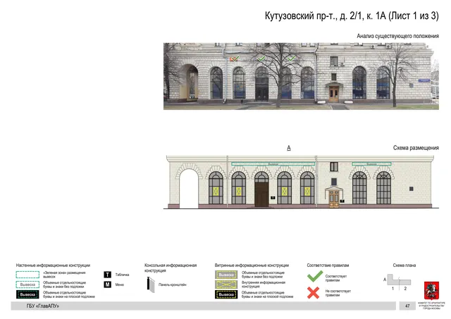 Архитектурная концепция размещения вывесок — Кутузовский проспект, 2/1, корп. 1А, Москва, лист 1 из 3 · Документ по адресу · Архитектурно-художественная концепция · 2019 год