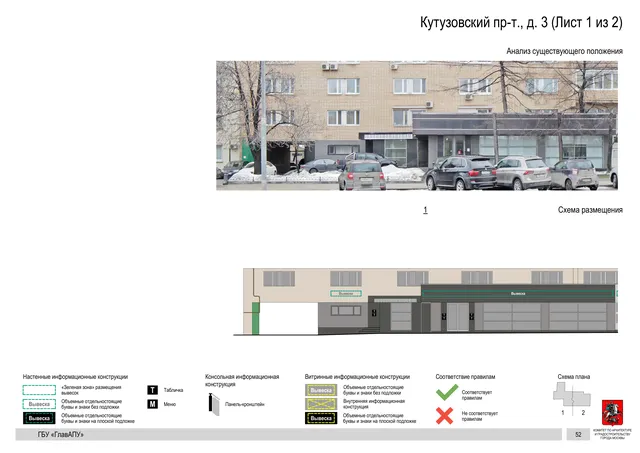 Архитектурная концепция размещения вывесок — Кутузовский проспект, 3, Москва, лист 1 из 2 · Документ по адресу · Архитектурно-художественная концепция · 2019 год