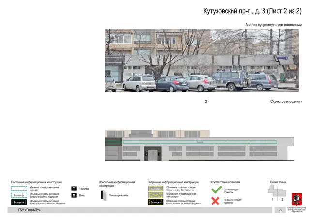 Архитектурная концепция размещения вывесок — Кутузовский проспект, 3, Москва, лист 2 из 2 · Документ по адресу · Архитектурно-художественная концепция · 2019 год