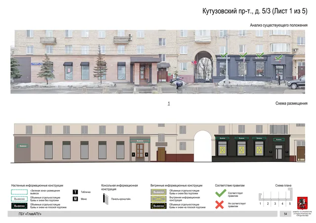 Архитектурная концепция размещения вывесок — Кутузовский проспект, 5/3, Москва, лист 1 из 5 · Документ по адресу · Архитектурно-художественная концепция · 2019 год