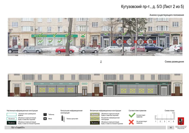 Архитектурная концепция размещения вывесок — Кутузовский проспект, 5/3, Москва, лист 2 из 5 · Документ по адресу · Архитектурно-художественная концепция · 2019 год