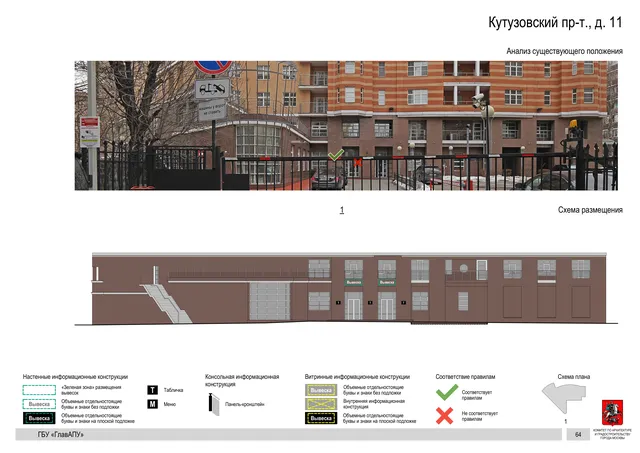 Архитектурная концепция размещения вывесок — Кутузовский проспект, 11, Москва, страница PDF 67 · Документ по адресу · Архитектурно-художественная концепция · 2019 год