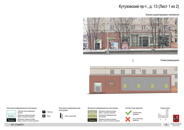 Архитектурная концепция размещения вывесок — Кутузовский проспект, 13, Москва, лист 1 из 2 · Документ по адресу · Архитектурно-художественная концепция · 2019 год