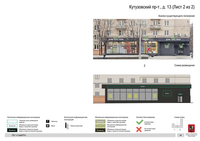 Архитектурная концепция размещения вывесок — Кутузовский проспект, 13, Москва, лист 2 из 2 · Документ по адресу · Архитектурно-художественная концепция · 2019 год