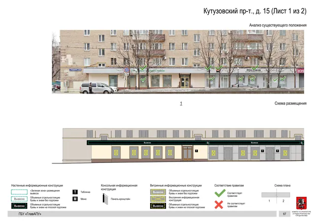 Архитектурная концепция размещения вывесок — Кутузовский проспект, 15, Москва, лист 1 из 2 · Документ по адресу · Архитектурно-художественная концепция · 2019 год