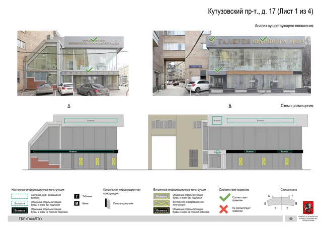 Архитектурная концепция размещения вывесок — Кутузовский проспект, 17, Москва, лист 1 из 4 · Документ по адресу · Архитектурно-художественная концепция · 2019 год