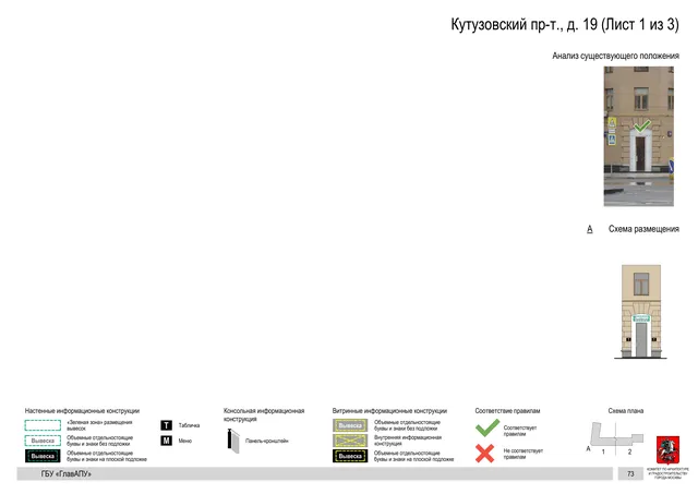 Архитектурная концепция размещения вывесок — Кутузовский проспект, 19, Москва, лист 1 из 3 · Документ по адресу · Архитектурно-художественная концепция · 2019 год