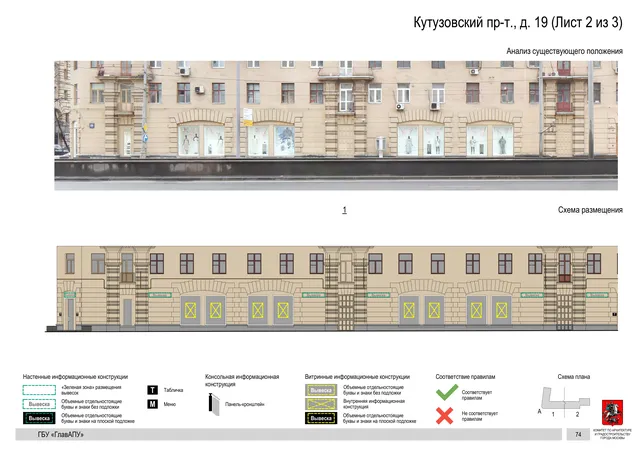 Архитектурная концепция размещения вывесок — Кутузовский проспект, 19, Москва, лист 2 из 3 · Документ по адресу · Архитектурно-художественная концепция · 2019 год