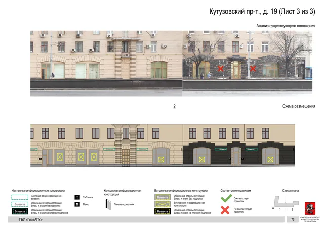 Архитектурная концепция размещения вывесок — Кутузовский проспект, 19, Москва, лист 3 из 3 · Документ по адресу · Архитектурно-художественная концепция · 2019 год