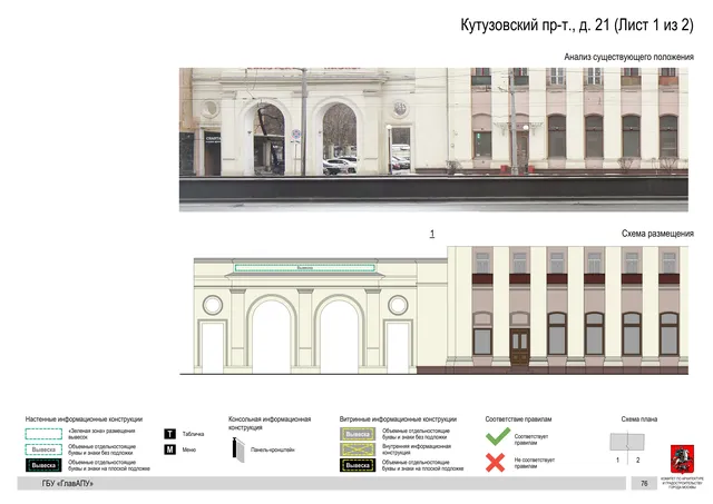 Архитектурная концепция размещения вывесок — Кутузовский проспект, 21, Москва, лист 1 из 2 · Документ по адресу · Архитектурно-художественная концепция · 2019 год