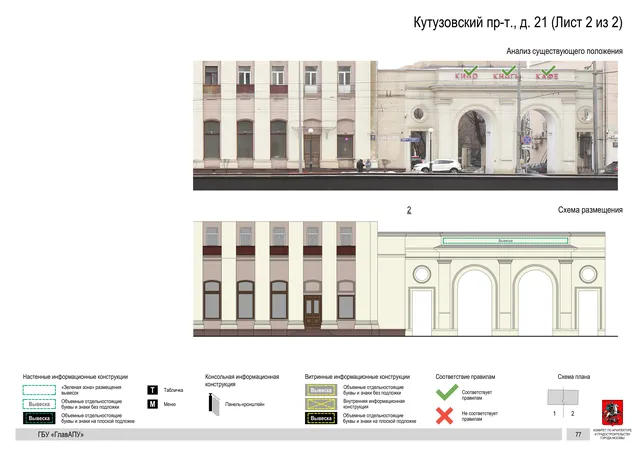 Архитектурная концепция размещения вывесок — Кутузовский проспект, 21, Москва, лист 2 из 2 · Документ по адресу · Архитектурно-художественная концепция · 2019 год