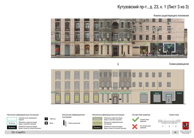 Архитектурная концепция размещения вывесок — Кутузовский проспект, 23, корп. 1, Москва, лист 3 из 3 · Документ по адресу · Архитектурно-художественная концепция · 2019 год
