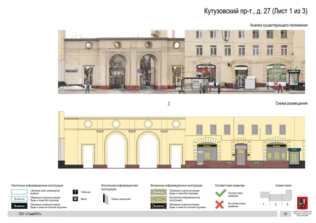 Архитектурная концепция размещения вывесок — Кутузовский проспект, 27, Москва, лист 1 из 3 · Документ по адресу · Архитектурно-художественная концепция · 2019 год