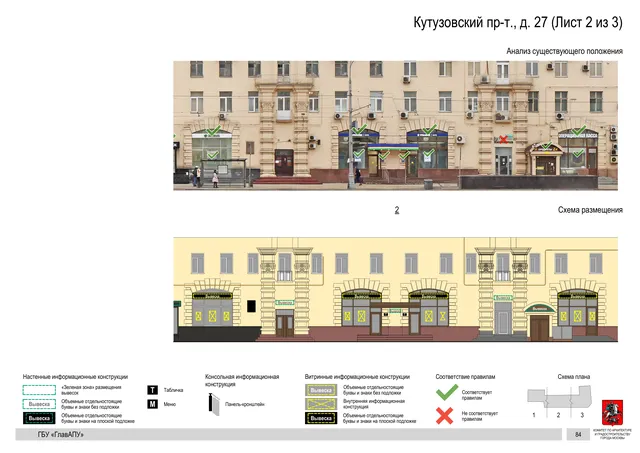 Архитектурная концепция размещения вывесок — Кутузовский проспект, 27, Москва, лист 2 из 3 · Документ по адресу · Архитектурно-художественная концепция · 2019 год