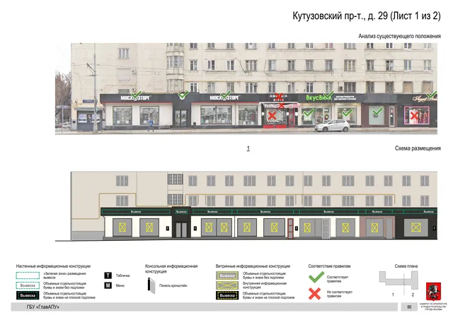 Архитектурная концепция размещения вывесок — Кутузовский проспект, 29, Москва, лист 1 из 2 · Документ по адресу · Архитектурно-художественная концепция · 2019 год