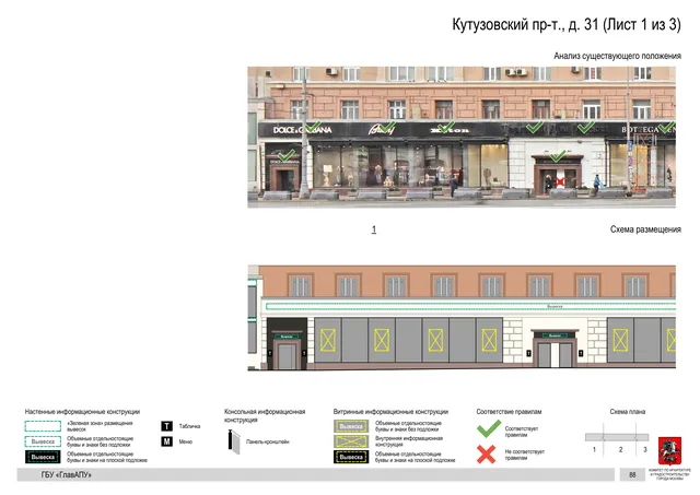 Архитектурная концепция размещения вывесок — Кутузовский проспект, 31, Москва, лист 1 из 3 · Документ по адресу · Архитектурно-художественная концепция · 2019 год