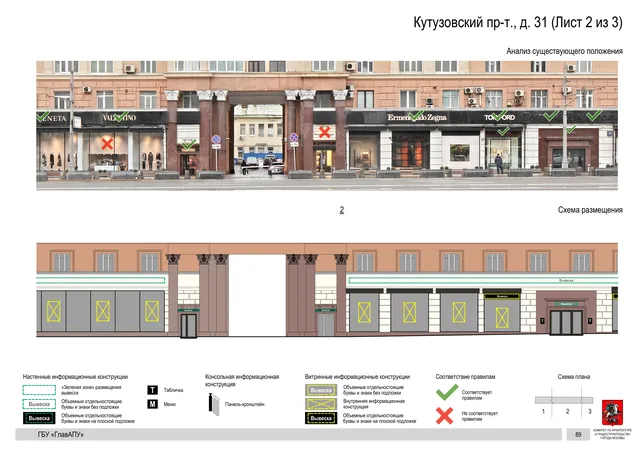 Архитектурная концепция размещения вывесок — Кутузовский проспект, 31, Москва, лист 2 из 3 · Документ по адресу · Архитектурно-художественная концепция · 2019 год