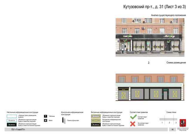 Архитектурная концепция размещения вывесок — Кутузовский проспект, 31, Москва, лист 3 из 3 · Документ по адресу · Архитектурно-художественная концепция · 2019 год