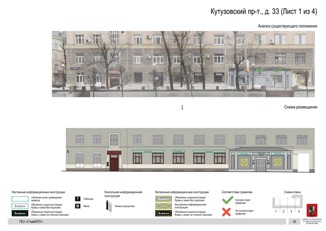 Архитектурная концепция размещения вывесок — Кутузовский проспект, 33, Москва, лист 1 из 4 · Документ по адресу · Архитектурно-художественная концепция · 2019 год