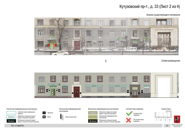 Архитектурная концепция размещения вывесок — Кутузовский проспект, 33, Москва, лист 2 из 4 · Документ по адресу · Архитектурно-художественная концепция · 2019 год